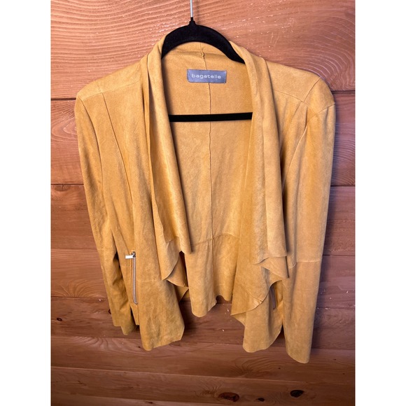 Bagatelle Drape Front Jacket Gold Yellow Suede Feel Edgy Lightweight Open Blazer - Picture 1 of 8